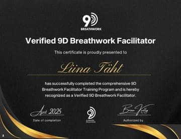 Verified 9D Breathwork Facilitator certificate awarded to Liina Täht, April 2025